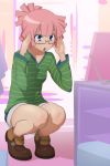  :o adjusting_glasses blue_eyes blush character_name glasses half_rim_glasses kyoudyu open_mouth pink pink_hair ponytail semi-rimless_glasses shoes short_hair shorts simple_background solo squatting star_driver under-rim_glasses you_mizuno 