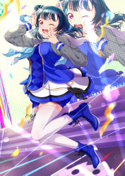  1girl ;d absurdres blue_boots blue_bow blue_hair blue_shirt blue_shorts blunt_bangs boots bow breasts choppy_bangs commentary_request commission concert full_body grey_shirt hair_bow hair_bun highres iroenpitsu_xxx jumping lace-up_boots large_breasts long_hair long_sleeves looking_at_viewer love_live! love_live!_sunshine!! miniskirt mirai_no_bokura_wa_shitteru_yo official_alternate_costume one_eye_closed pink_eyes screen_zoom shirt shorts single_side_bun skeb_commission skirt smile solo teeth thigh-highs tsushima_yoshiko upper_teeth_only white_skirt white_thighhighs 