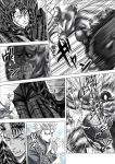  armor berserk blood cape claws club comic crossover cuts devil_may_cry fang fingerless_gloves gloves guts horns huge_weapon injury katana m.u.g.e.n male monochrome monster mugen_(game) multiple_boys nagare scar short_hair silent_comic summoned_swords sword vergil warzard weapon yamato_(sword) 