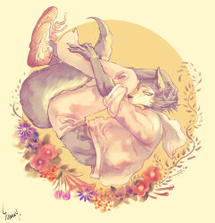  1boy absurdres beastars body_fur claws floral_background full_body furry furry_male grey_fur highres hood hood_down hoodie legoshi looking_at_viewer male_focus sammy_(freezingsammy) shoes sneakers solo tail wolf_boy yellow_background 