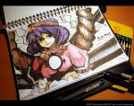  colored_pencil_(medium) notebook oso oso_(toolate) pen photo purple_hair solo touhou traditional_media yasaka_kanako 