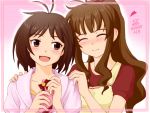  age_difference bad_id blush breasts brown_eyes brown_hair closed_eyes eyes_closed gift hand_on_shoulder hidaka_ai hidaka_mai idolmaster idolmaster_dearly_stars long_hair mother_and_daughter open_mouth punto short_hair smile 