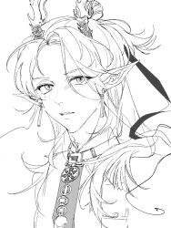  1boy antlers arknights chinese_commentary commentary_request earrings greyscale hair_between_eyes hair_intakes highres horns jewelry ji_(arknights) light_frown littlily_(mimi4461) long_hair looking_at_viewer male_focus mole mole_under_eye monochrome parted_lips pointy_ears portrait solo 