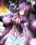  breasts fire hair_ribbon highres kuragari large_breasts long_hair no_hat patchouli_knowledge purple_eyes purple_hair ribbon touhou very_long_hair violet_eyes 