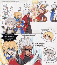  1girl angry archer_(fate) archer_(honkai:_star_rail)_(fate) archer_(ragnarok_online) artoria_pendragon_(fate) blonde_hair caelus_(honkai:_star_rail) crossover dark-skinned_male dark_skin english_text excalibur_(fate/stay_night) fate/stay_night fate/unlimited_blade_works fate_(series) gilgamesh_(fate) grey_hair highres honkai:_star_rail honkai_(series) kanshou_&amp;_bakuya_(fate) multiple_boys mydei_(honkai:_star_rail) phainon_(honkai:_star_rail) saber_(fate) saber_(honkai:_star_rail)_(fate) trailblazer_(honkai:_star_rail) white_hair yammyyml 
