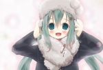  :d blush earmuffs fur_hat hands_on_earmuffs hands_on_headphones hat hatsune_miku headphones open_mouth shiro_(octet) smile solo vocaloid 