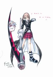  1boy 1girl 2008 black_boots blonde_hair boots chalkboard copyright_name dated dominic_ian_cabatit full_body gloves green_eyes grin hand_up highres holding holding_scythe long_sleeves looking_at_viewer maka_albarn necktie plaid_clothes plaid_skirt red_eyes red_skirt school_uniform scythe skirt smile solo soul_eater standing striped_necktie timestamp twintails v-shaped_eyebrows white_gloves white_hair 