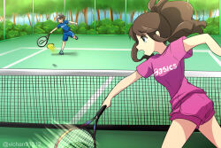 1boy 1girl antenna_hair ball baseball_cap blue_eyes blue_shirt brown_hair commission hat hilbert_(pokemon) hilda_(pokemon) holding_tennis_racket motion_lines outdoors pink_shirt pink_shorts pokemon pokemon_bw shirt shorts tennis tennis_ball tennis_court twitter_username wia_vi 