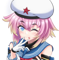  1girl ;p andelie_naidouxi beret blonde_hair blue_eyes colored_tips commentary_request detached_sleeves gloves gradient_hair hair_flaps hat hat_ornament jinan_(warship_girls_r) looking_at_viewer multicolored_hair one_eye_closed pink_hair pink_pupils red_star sailor_collar short_hair simple_background smile solo star_(symbol) star_hat_ornament tongue tongue_out upper_body v warship_girls_r white_background white_gloves 