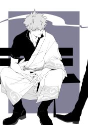  2boys absurdres bench closed_mouth collared_shirt commentary_request fingernails ghqjyu gintama greyscale hadanugi_dousa highres hijikata_toushirou japanese_clothes kimono looking_to_the_side male_focus monochrome multiple_boys open_collar out_of_frame own_hands_together pants sakata_gintoki shirt shoes short_hair short_sleeves sideways_glance sitting smile smoke smoke_trail solo_focus wide_sleeves yukata 