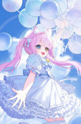  1girl absurdres animal_ear_fluff animal_ears balloon bell blue_eyes blue_sky bow bowtie cat_ears clouds commentary_request cumulonimbus_cloud dress frilled_dress frills hair_ribbon heterochromia highres holding holding_balloon looking_at_viewer neck_bell offering_hand open_mouth original pink_hair rainbow ribbon sky solo too_many too_many_balloons twintails white_bow white_bowtie white_dress wlswlp yellow_eyes 