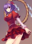  adapted_costume embarrassed hands miniskirt purple_hair red_eyes shimenawa short_hair simple_background skirt solo sweatdrop touhou utakata_(0824) yasaka_kanako 