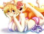  animal_ears arm_support barefoot blonde_hair breasts butt_crack chin_rest cleavage dearmybrothers face flower fox_ears fox_tail hair_flower hair_ornament halterneck huge_breasts legs_up looking_at_viewer lying multiple_tails on_stomach purple_eyes short_hair solo tail touhou violet_eyes yakumo_ran 