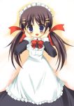  apron blue_eyes blush bow brown_hair copyright_request frills hair_ornament hair_ribbon hairclip hands_on_cheeks hands_on_own_cheeks hands_on_own_face long_hair looking_at_viewer maid maid_headdress meito_(artist) meito_(maze) open_mouth ribbon simple_background solo twintails 