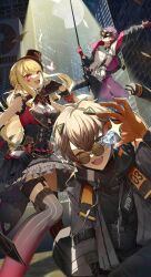  1girl 2boys :d ;d absurdres alban_knox alban_knox_(1st_costume) antenna_hair arm_up belt black_belt black_choker black_gloves black_hat black_hoodie black_jacket black_mask black_necktie black_pants black_skirt black_thighhighs blonde_hair breasts brooch brown-tinted_eyewear brown_hair bug building butterfly butterfly_brooch butterfly_hat_ornament card chain chest_harness choker city coat collared_shirt commentary condenser_unit crossed_bangs diamond_(gemstone) drawstring english_commentary eye_mask eyelashes facial_mark fangs fishnets frilled_shirt frilled_shirt_collar frilled_skirt frills full_moon gem glasses gloves glowing_butterfly gradient_thighhighs grey_coat grey_eyes hair_between_eyes hand_on_own_hip hand_up harness hat hat_ornament heart heart_facial_mark high-waist_skirt highres holding holding_card holding_gem hood hood_down hoodie jacket jewelry large_breasts light_particles long_hair long_sleeves looking_at_viewer luis_cammy luis_cammy_(7th_costume) mask mini_hat mini_top_hat mole mole_under_mouth moon multiple_boys necktie night night_sky nijisanji nijisanji_en o-ring o-ring_harness off_shoulder one_eye_closed open_clothes open_coat open_jacket open_mouth orange_gloves outdoors pants parted_bangs playing_card puffy_long_sleeves puffy_sleeves purple_hair red_eyes red_gloves red_shirt red_thighhighs reg_(regulus_iii) round_eyewear shirt short_hair short_necktie sidelocks sitting skirt sky skyscraper sleeveless sleeveless_shirt smile sparkle spotlight standing thigh-highs thigh_strap tinted_eyewear top_hat two-sided_fabric two-sided_jacket two-tone_gloves virtual_youtuber watarai_hibari watarai_hibari_(1st_costume) white_shirt 