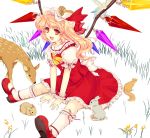  ascot bird blonde_hair bunny cetera deer flandre_scarlet grass hat mary_janes nature orange_eyes rabbit shoes short_hair side_ponytail sitting smile solo squirrel the_embodiment_of_scarlet_devil touhou wings yellow_eyes 