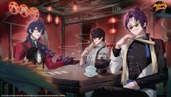  3boys absurdres card chinese_clothes egasumi fei_ming fern folded_fan folding_fan hair_over_shoulder hand_fan heterochromia highres holding holding_fan indoors ju_(mahjong_soul) lantern light_bulb long_hair looking_to_the_side mahjong_soul mullet multiple_boys necktie neon_sign ninahachi official_art paper_lantern parted_lips playing_card ponytail purple_hair shuffling_cards sitting string_of_light_bulbs sunglasses table tassel teapot yuan_feng 
