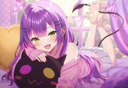  :d barbell_piercing bare_shoulders barefoot bibi_(tokoyami_towa) center-flap_bangs character_pillow colored_inner_hair commentary curtains demon_girl demon_tail double-parted_bangs ear_piercing earrings fang feet_up gradient_hair green_eyes green_nails hashtag-only_commentary heart heart-shaped_pillow hololive indoors industrial_piercing jewelry long_hair looking_at_viewer lying miniskirt multicolored_hair multicolored_nails nail_polish nametakeko off-shoulder_sweater off_shoulder on_back on_bed on_stomach piercing pillow pink_hair pink_sweater pleated_skirt pointy_ears purple_hair purple_nails skirt sleeves_past_wrists smile soles spiked_ear_piercing sweater tail tail_ornament tail_piercing the_pose toes tokoyami_towa virtual_youtuber white_skirt window 