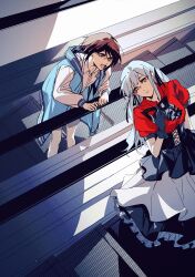  2girls absurdres ascot bang_dream! bang_dream!_it&#039;s_mygo!!!!! black_ascot black_corset black_gloves black_mask black_ribbon black_skirt blue_hair blue_jacket brown_eyes chinese_commentary closed_mouth commentary_request corset dress_shirt e-fa-dorn escalator gloves grey_hair hair_ribbon highres holding holding_mask jacket long_hair mask masquerade_mask multiple_girls oblivionis_(bang_dream!) open_clothes open_jacket open_mouth red_shirt ribbon shirt short_hair short_sleeves sidelocks skirt takamatsu_tomori teeth togawa_sakiko upper_teeth_only white_shirt yellow_eyes 