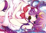  adapted_costume bad_id bare_shoulders blush bowtie breasts chocolate cleavage crescent dress kabe_(ryuryuta) large_breasts long_hair looking_at_viewer lying mouth_hold no_bra no_hat no_headwear on_side patchouli_knowledge purple_eyes purple_hair solo thigh_strap touhou violet_eyes 