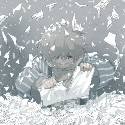  1boy absurdres avogado6 black_eyes drawstring grey_background grey_hair grey_hoodie highres holding holding_paper hood hood_down hoodie male_focus manga_(object) original paper robe short_hair simple_background solo tearing_paper torn_paper 