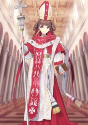  1girl arm_at_side book braid braided_hair_rings brown_hair christianity closed_mouth cross fate/grand_order fate_(series) full_body game_cg hair_rings hand_up hat holding holding_book holding_staff indoors johanna_(fate) latin_cross layered_sleeves long_sleeves looking_at_viewer mitre official_art robe sash short_hair sidelocks smile solo staff standing swept_bangs takenashi_eri third-party_source variant_set violet_eyes waist_sash white_hat 
