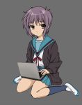  cardigan computer grey_hair highres laptop nagato_yuki nsxnewver school_uniform short_hair suzumiya_haruhi_no_yuuutsu uwabaki 