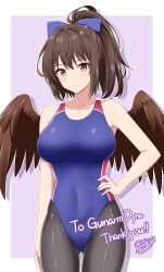  1girl aburamushi_eve_(gunarmdyne) black_pantyhose blue_bow border bow breasts brown_eyes brown_hair brown_wings collarbone commission commissioner_upload competition_swimsuit covered_navel cropped_legs expressionless hair_bow hand_on_own_hip high_ponytail highleg highleg_one-piece_swimsuit highres large_breasts one-piece_swimsuit original pantyhose ponytail rise_(rise19851203) skeb_commission solo swimsuit touhou two-tone_one-piece_swimsuit white_border wings 