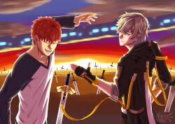  2girls artist_name caelus_(honkai:_star_rail) crossover emiya_shirou excalibur_(fate/stay_night) fate/stay_night fate/unlimited_blade_works fate_(series) grey_hair handshake highres honkai:_star_rail honkai_(series) male_focus multiple_girls multiple_swords red_hair signature trailblazer_(honkai:_star_rail) unlimited_blade_works_(reality_marble) ventom0ri 