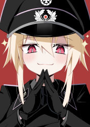  1girl :3 absurdres black_gloves black_jacket black_necktie blonde_hair cross epaulettes gloves hat highres iron_cross jacket jiseki_rena military_uniform nazi necktie original own_hands_together peaked_cap red_background red_eyes rena_(jiseki_rena) short_hair slit_pupils solo sparkle straight-on totenkopf tsurime 