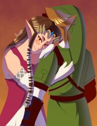  1boy 1girl artist_name blonde_hair blush brown_hair commentary english_commentary gloves green_hat green_shirt hat hetero highres hug link looking_at_viewer mottnapel pointy_ears pointy_hat princess_zelda shirt sidelocks skirt the_legend_of_zelda the_legend_of_zelda:_twilight_princess tiara white_gloves white_skirt 
