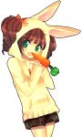  animal_ears brown_hair bunny_ears carrot green_eyes hoodie idolmaster long_hair shorts solo takatsuki_yayoi tokkyo_chuuyu 