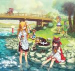  6+girls alice_margatroid alternate_costume alternate_hairstyle apron ascot bag baguette barefoot bicycle blonde_hair blue_eyes book bow braid bread bridge brown_eyes brown_hair cloud detached_sleeves feet_in_water food fujiwara_no_mokou groceries grocery_bag hair_bow hair_tubes hakurei_reimu hat hat_bow hat_removed headwear_removed highres izayoi_sakuya japanese_clothes kazami_yuuka kirisame_marisa konpaku_youmu konpaku_youmu_(ghost) loafers long_skirt luna_child maid_headdress mary_janes minigirl momiji_gari multiple_girls myon mystia_lorelei nature okamisty oriental_umbrella parasol pink_hair river shading_eyes shoes shopping_bag side_braid sidesaddle silver_hair skirt smile soaking_feet star_sapphire straw_hat sunbeam sunlight sunny_milk touhou twin_braids umbrella vest wading water waving witch witch_hat youkai 