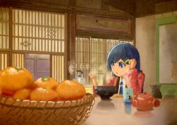  1girl absurdres blue_eyes blue_hair blue_ribbon bowl brooch cevio chopsticks collared_dress cup dress eating food fruit futaba_minato hair_flip hair_ornament hairclip hanging_scroll happi highres holding holding_chopsticks indoors japanese_clothes jewelry kettle kotatsu long_hair looking_at_food mandarin_orange noodles open_mouth petrasche_(kunio_miracle) red_happi ribbon scroll shouji sitting sliding_doors soba solo steaming_food swept_bangs table teapot under_kotatsu under_table upper_body white_dress yunomi 