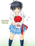  blush bouquet flower hug idolmaster kikuchi_makoto kneehighs punto red_rose rose rough_time_school school_uniform smile 