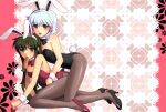  animal_ears blue_hair brown_eyes bunny_ears bunnysuit carrot en_la_festa fishnet_pantyhose fishnets green_eyes green_hair long_hair mouth_hold multiple_girls original pantyhose ponytail short_hair 