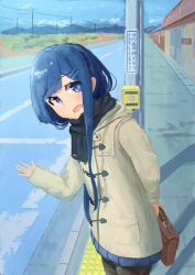  1girl absurdres alternate_costume arm_behind_back bag black_pantyhose black_scarf blue_eyes blue_hair blue_skirt brown_bag brown_coat cat_scarf cevio coat cowboy_shot duffel_coat enpera futaba_minato hair_ornament hairclip highres holding holding_bag hood hooded_coat leaning_to_the_side long_hair long_sleeves looking_at_viewer mountainous_horizon open_mouth outdoors pantyhose pedestrian_lights pedestrian_push_button petrasche_(kunio_miracle) pleated_skirt pov power_lines push-button road scarf school_bag skirt smile solo standing street swept_bangs tactile_paving traffic_light waving 