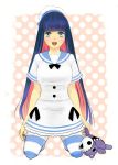  :o bangs beret blunt_bangs breasts cleavage hat honekoneko_(psg) kneeling long_hair multicolored_hair nail_polish panty_&amp;_stocking_with_garterbelt ribonchan sailor sailor_collar sailor_hat short_dress short_sleeves simple_background solo stocking_(character) stocking_(psg) striped striped_legwear striped_thighhighs stuffed_animal stuffed_toy thigh-highs thighhighs two-tone_hair 