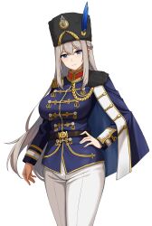  1girl absurdres aiguillette belt black_belt black_hat blue_eyes braid breasts epaulettes fur_hat grey_hair hair_between_eyes half_up_braid hat highres hussar jacket large_breasts lexington_(kancolle) long_hair long_sleeves looking_at_viewer military_jacket military_uniform pants pelisse simple_background smile solo very_long_hair warship_girls_r white_background white_pants xiao_qi 