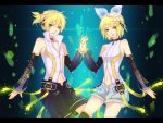 bad_id blonde_hair brother_and_sister detached_sleeves green_eyes hair_ornament hair_ribbon hairclip headphones kagamine_len kagamine_len_(append) kagamine_rin kagamine_rin_(append) natsuki0910 navel popped_collar ribbon short_hair shorts siblings smile twins vocaloid vocaloid_append 