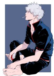  1boy adam's_apple barefoot black_pants black_shirt border cigarette cigarette_pack commentary_request full_body ghqjyu gintama grey_hair high_collar highres holding holding_cigarette_pack indian_style looking_up male_focus open_collar outside_border pants popped_collar profile red_trim sakata_gintoki shirt short_sleeves sitting solo unlit_cigarette_in_mouth white_border 