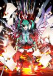  aqua_hair blurry cable depth_of_field fire flying_paper foreshortening guitar hakonekohime hatsune_miku highres instrument keyboard_(instrument) mechanical_parts molten_rock musical_note necktie paper skirt thighhighs torn_clothes twintails vocaloid wings zettai_ryouiki 