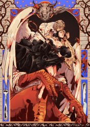  2girls bare_legs barefoot black_dress blonde_hair breasts centauroid chimera claws detached_hood dress dungeon_meshi elf english_commentary falin_touden falin_touden_(chimera) feathered_wings feathers fork grey_hair highres knife leaning_forward long_hair marcille_donato marcille_donato_(lord) marinevhs monster_girl multiple_girls off-shoulder_dress off_shoulder pointy_ears red_dragon_(dungeon_meshi) red_scales talons taur very_long_hair white_feathers winged_lion_(dungeon_meshi) wings yuri 