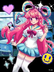  1girl aqua_sleeve_cuffs giffany gravity_falls hair_ribbon horizontal-striped_sleeve_cuffs large_ribbon long_hair long_sidelocks looking_at_viewer multicolored_ribbon multicolored_sailor_collar pink_eyes pink_hair pixel_art ribbon ribbon_cable school_uniform shirt shirt_ribbon short_sleeves sidelocks single_horizontal_stripe skirt sleeve_cuffs solo striped_collar striped_sleeve_cuffs user_dzyr7273 very_long_hair white_shirt white_stripes 