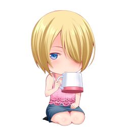  1girl bare_shoulders blonde_hair blue_eyes bra bra_peek chibi closed_mouth coffee_mug commentary_request cup denim denim_skirt full_body hair_over_one_eye highres holding holding_cup hououji_akane looking_at_viewer megami_no_cafe_terrace mug official_art pink_sweater seiza seo_kouji short_hair shorts simple_background sitting skirt sleeveless sleeveless_sweater solo sweater underwear white_background white_bra 