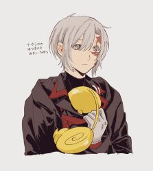  1boy 1other allen_walker black_cloak black_coat black_shirt cloak coat collared_coat creature creature_in_clothes d.gray-man facial_mark gloves golem_(d.gray-man) grey_background grey_eyes hair_between_eyes highres looking_down red_stripes richiumu scar scar_on_face shirt short_hair sidelocks simple_background single_glove star_(symbol) star_facial_mark striped_coat tail timcanpy turtleneck turtleneck_shirt white_gloves white_hair 