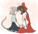  animal_ears blush bow capelet closed_eyes detached_sleeves dress hakurei_reimu heart holding_hands long_sleeves mouse_ears multiple_girls nazrin short_hair socks tail torinone touhou 