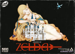  black_background blonde_hair castle closed_eyes closed_mouth cover dress fairy fake_cover highres kumanz long_hair navi off-shoulder_dress off_shoulder pointy_ears princess_zelda sitting the_legend_of_zelda the_legend_of_zelda_(nes) very_long_hair video_game_cover white_dress yokozuwari 