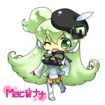  1girl chibi fukumitsu_(kirarirorustar) green_eyes green_hair hat headset kirariroru_star macloid macne_nana solo wink 