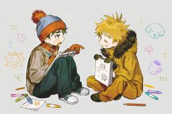  2boys beanie black_gloves black_hair black_pants blonde_hair blue_eyes blush child&#039;s_drawing chun_baii closed_eyes crayon flying_sweatdrops fur-trimmed_jacket fur_trim gloves grey_background grey_jacket grin hat highres holding hood hood_down hooded_jacket jacket kenny_mccormick long_sleeves male_focus messy_hair multiple_boys orange_jacket orange_pants pants pencil pom_pom_(clothes) pom_pom_beanie red_gloves shoes simple_background sitting sketchbook smile south_park stan_marsh zipper_pull_tab 